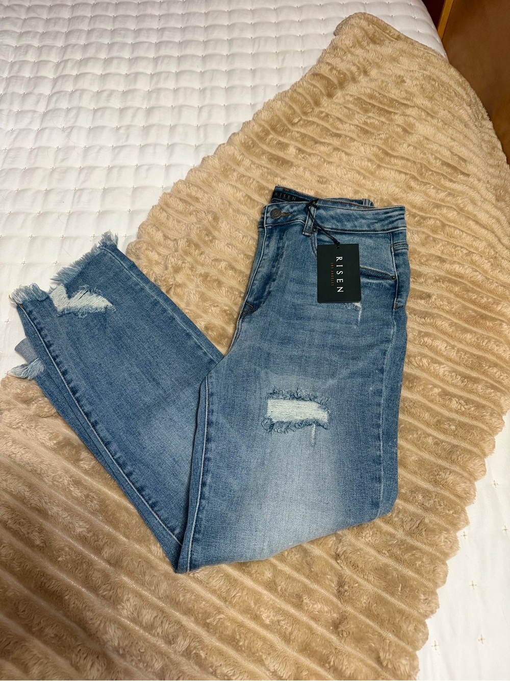Risen Women's Cropped Distressed Blue Jeans